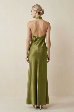 Halter Sheath Satin Bridesmaid Dress in Moss Green - KISS BRIDAL Bridesmaid Dresses