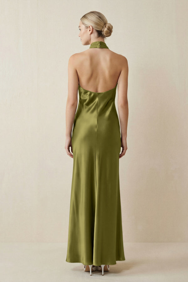 Halter Sheath Satin Bridesmaid Dress in Moss Green - KISS BRIDAL Bridesmaid Dresses