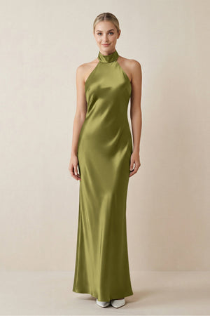 Halter Sheath Satin Bridesmaid Dress in Moss Green - KISS BRIDAL Bridesmaid Dresses