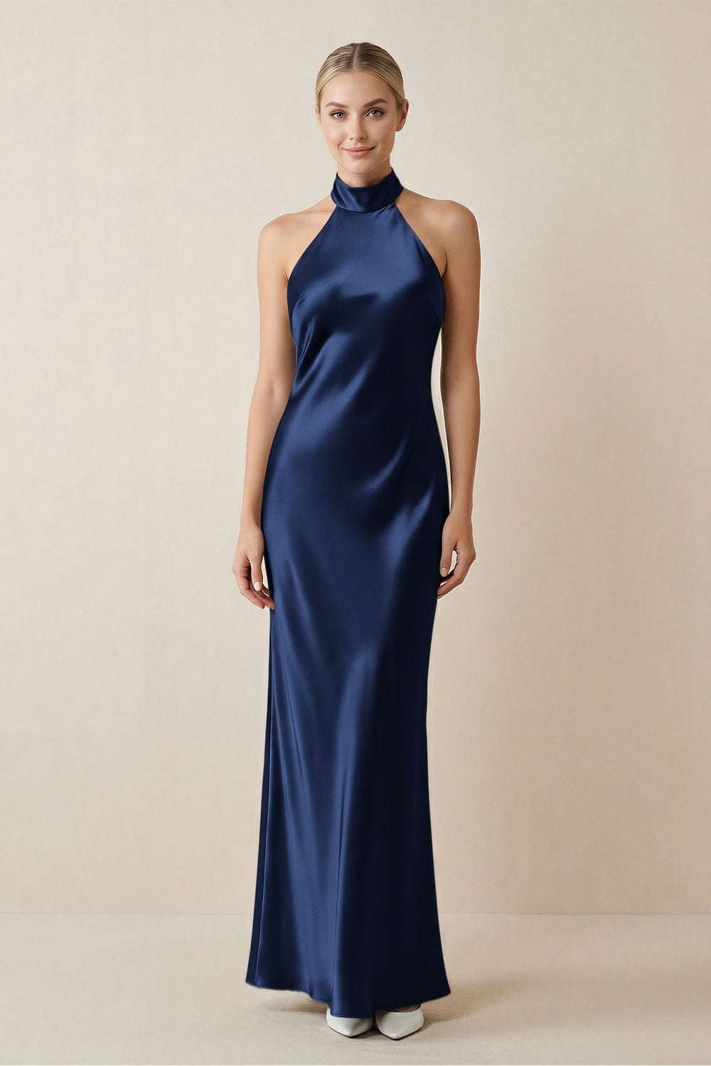 Halter Sheath Satin Bridesmaid Dress in Navy - KISS BRIDAL Bridesmaid Dresses