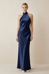 Halter Sheath Satin Bridesmaid Dress in Navy - KISS BRIDAL Bridesmaid Dresses