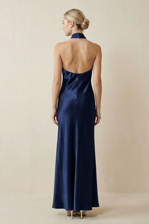 Halter Sheath Satin Bridesmaid Dress in Navy - KISS BRIDAL Bridesmaid Dresses
