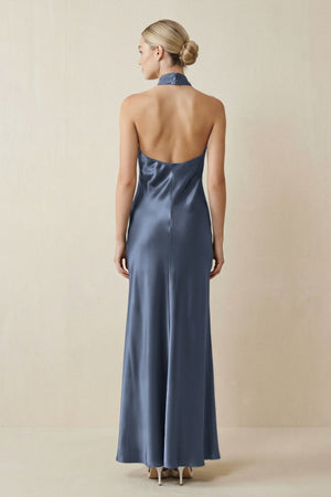 Halter Sheath Satin Bridesmaid Dress in Neptune - KISS BRIDAL Bridesmaid Dresses