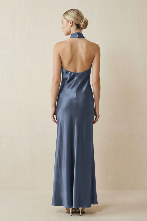 Halter Sheath Satin Bridesmaid Dress in Neptune - KISS BRIDAL Bridesmaid Dresses