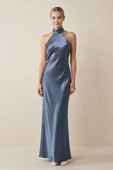 Halter Sheath Satin Bridesmaid Dress in Neptune - KISS BRIDAL Bridesmaid Dresses