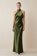 Halter Sheath Satin Bridesmaid Dress in Olive - KISS BRIDAL Bridesmaid Dresses