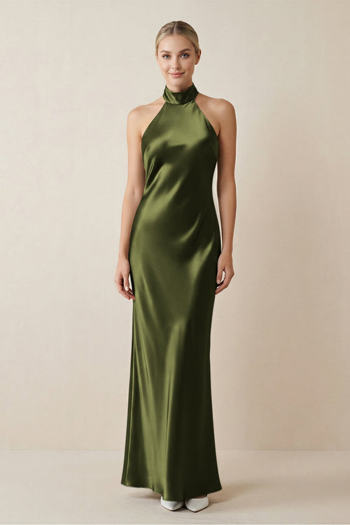 Halter Sheath Satin Bridesmaid Dress in Olive - KISS BRIDAL Bridesmaid Dresses