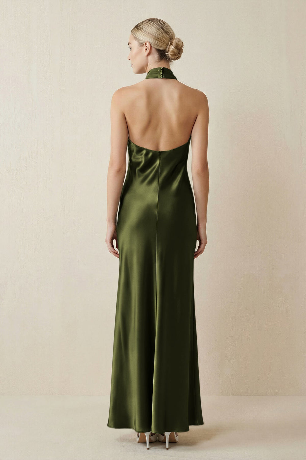 Halter Sheath Satin Bridesmaid Dress in Olive - KISS BRIDAL Bridesmaid Dresses
