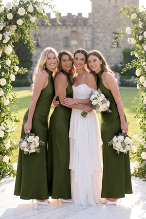 Halter Sheath Satin Bridesmaid Dress in Olive - KISS BRIDAL Bridesmaid Dresses