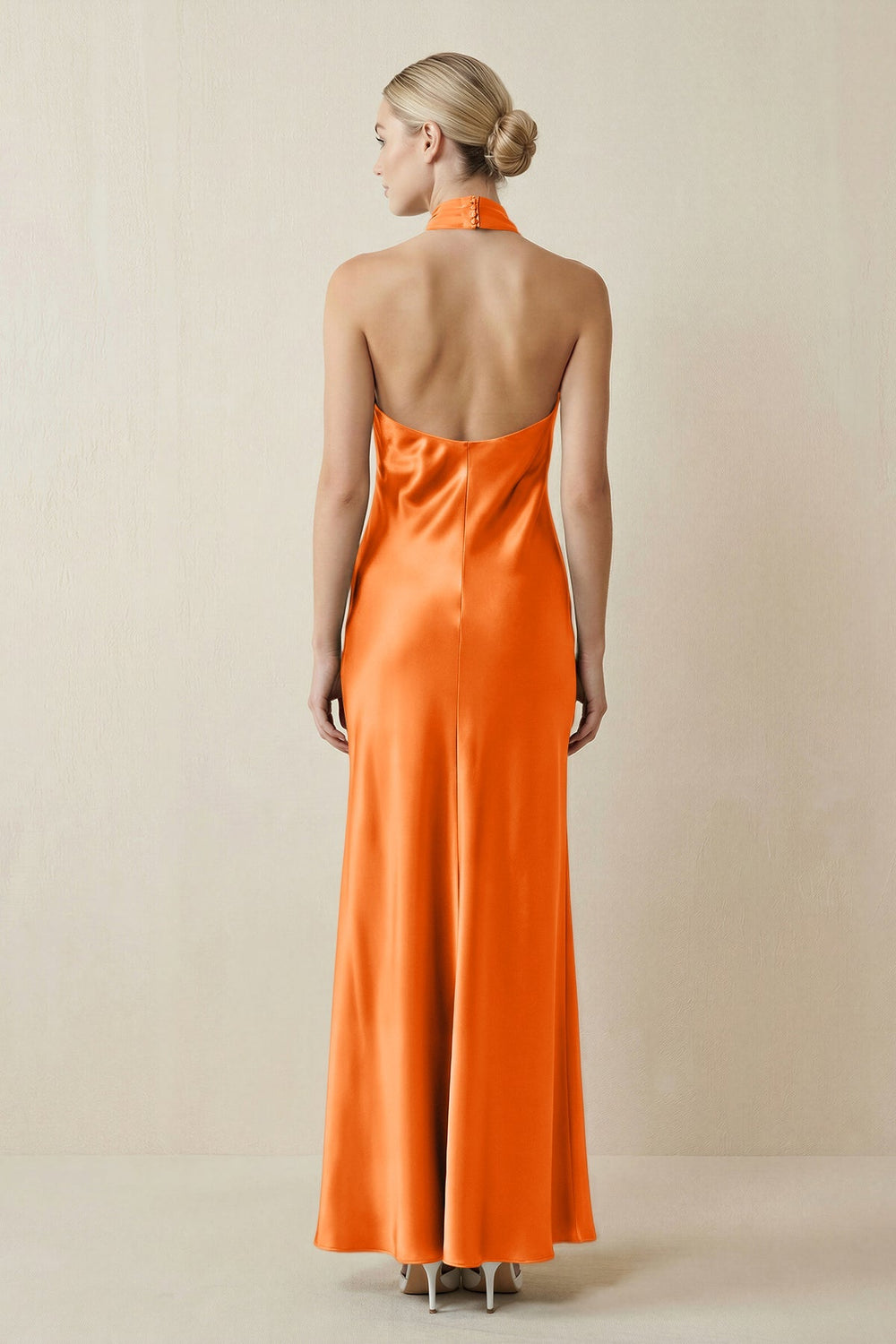 Halter Sheath Satin Bridesmaid Dress in Orange - KISS BRIDAL Bridesmaid Dresses