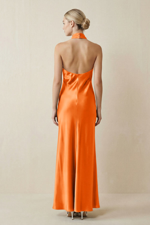 Halter Sheath Satin Bridesmaid Dress in Orange - KISS BRIDAL Bridesmaid Dresses