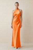 Halter Sheath Satin Bridesmaid Dress in Orange - KISS BRIDAL Bridesmaid Dresses
