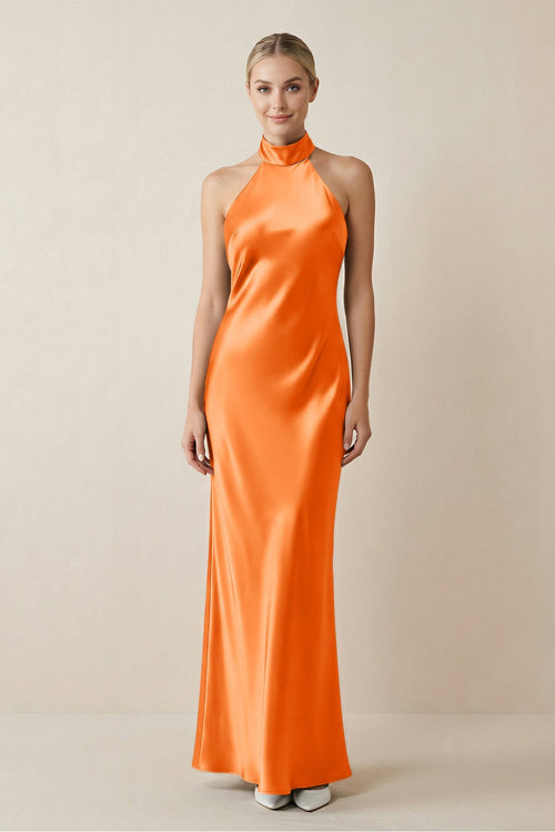 Halter Sheath Satin Bridesmaid Dress in Orange - KISS BRIDAL Bridesmaid Dresses
