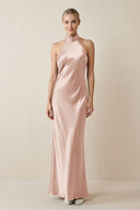 Halter Sheath Satin Bridesmaid Dress in Pale Blush - KISS BRIDAL Bridesmaid Dresses