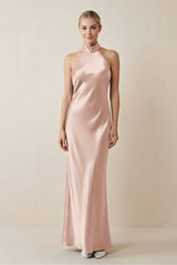 Halter Sheath Satin Bridesmaid Dress in Pale Blush - KISS BRIDAL Bridesmaid Dresses