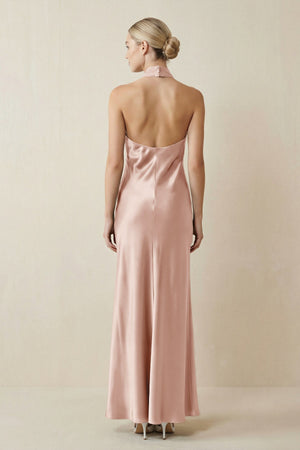 Halter Sheath Satin Bridesmaid Dress in Pale Blush - KISS BRIDAL Bridesmaid Dresses
