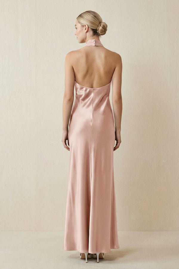 Halter Sheath Satin Bridesmaid Dress in Pale Blush - KISS BRIDAL Bridesmaid Dresses