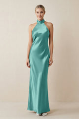 Halter Sheath Satin Bridesmaid Dress in Pale Pistachio - KISS BRIDAL Bridesmaid Dresses
