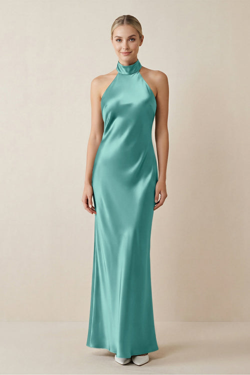 Halter Sheath Satin Bridesmaid Dress in Pale Pistachio - KISS BRIDAL Bridesmaid Dresses