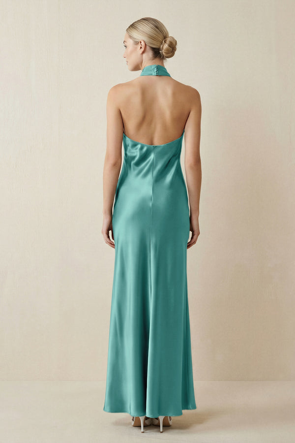 Halter Sheath Satin Bridesmaid Dress in Pale Pistachio - KISS BRIDAL Bridesmaid Dresses