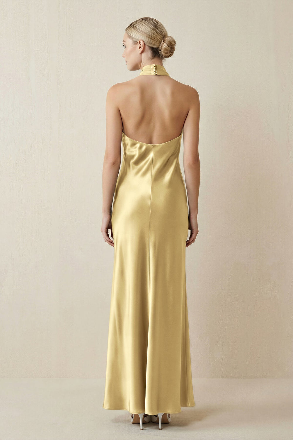 Halter Sheath Satin Bridesmaid Dress in Pastel Yellow - KISS BRIDAL Bridesmaid Dresses