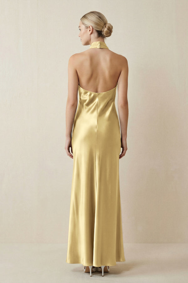 Halter Sheath Satin Bridesmaid Dress in Pastel Yellow - KISS BRIDAL Bridesmaid Dresses