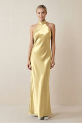 Halter Sheath Satin Bridesmaid Dress in Pastel Yellow - KISS BRIDAL Bridesmaid Dresses