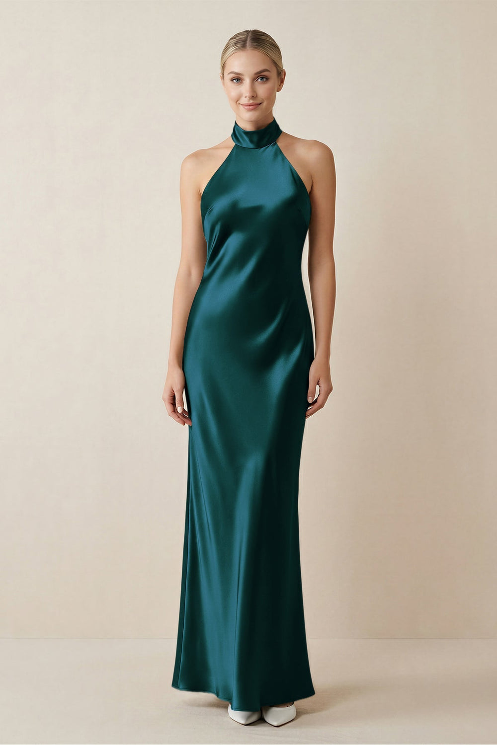 Halter Sheath Satin Bridesmaid Dress in Pine - KISS BRIDAL Bridesmaid Dresses