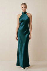 Halter Sheath Satin Bridesmaid Dress in Pine - KISS BRIDAL Bridesmaid Dresses