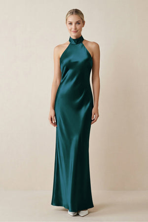 Halter Sheath Satin Bridesmaid Dress in Pine - KISS BRIDAL Bridesmaid Dresses
