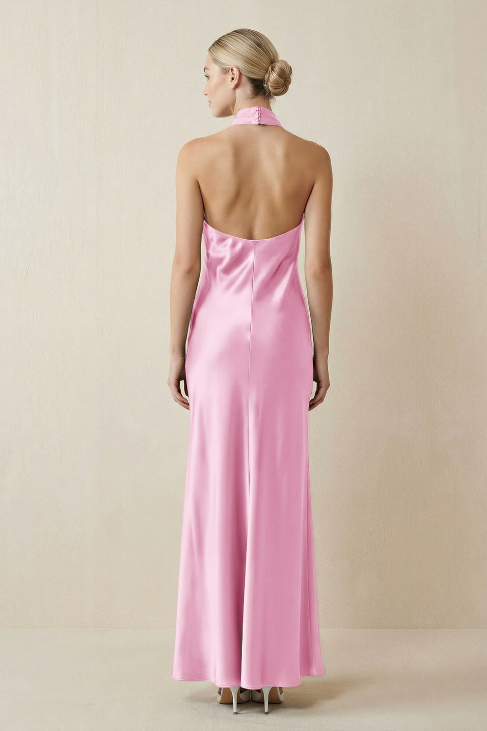 Halter Sheath Satin Bridesmaid Dress in Pink - KISS BRIDAL Bridesmaid Dresses
