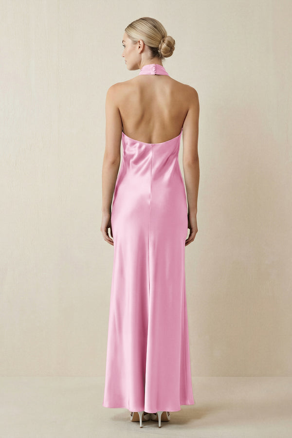 Halter Sheath Satin Bridesmaid Dress in Pink - KISS BRIDAL Bridesmaid Dresses