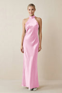 Halter Sheath Satin Bridesmaid Dress in Pink - KISS BRIDAL Bridesmaid Dresses