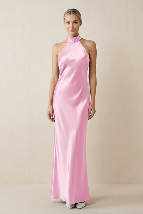 Halter Sheath Satin Bridesmaid Dress in Pink - KISS BRIDAL Bridesmaid Dresses