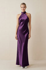 Halter Sheath Satin Bridesmaid Dress in Plum - KISS BRIDAL Bridesmaid Dresses