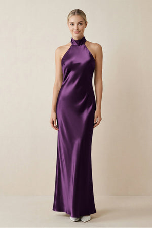 Halter Sheath Satin Bridesmaid Dress in Plum - KISS BRIDAL Bridesmaid Dresses