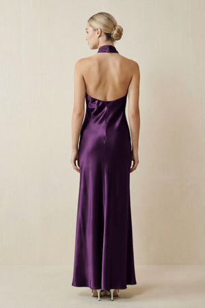 Halter Sheath Satin Bridesmaid Dress in Plum - KISS BRIDAL Bridesmaid Dresses