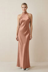Halter Sheath Satin Bridesmaid Dress in Rosette - KISS BRIDAL Bridesmaid Dresses
