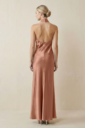 Halter Sheath Satin Bridesmaid Dress in Rosette - KISS BRIDAL Bridesmaid Dresses