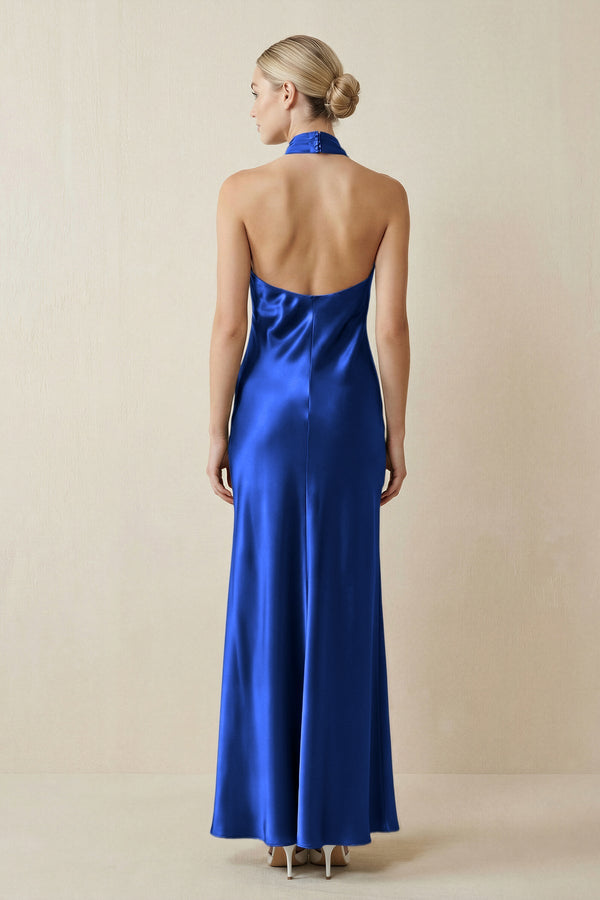 Halter Sheath Satin Bridesmaid Dress in Royal Blue - KISS BRIDAL Bridesmaid Dresses