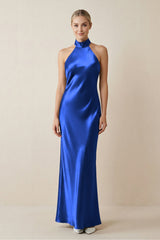 Halter Sheath Satin Bridesmaid Dress in Royal Blue - KISS BRIDAL Bridesmaid Dresses