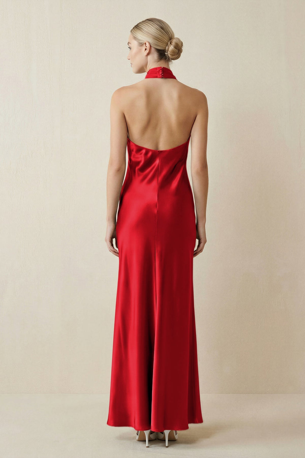 Halter Sheath Satin Bridesmaid Dress in Ruby Red - KISS BRIDAL Bridesmaid Dresses