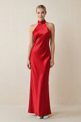 Halter Sheath Satin Bridesmaid Dress in Ruby Red - KISS BRIDAL Bridesmaid Dresses