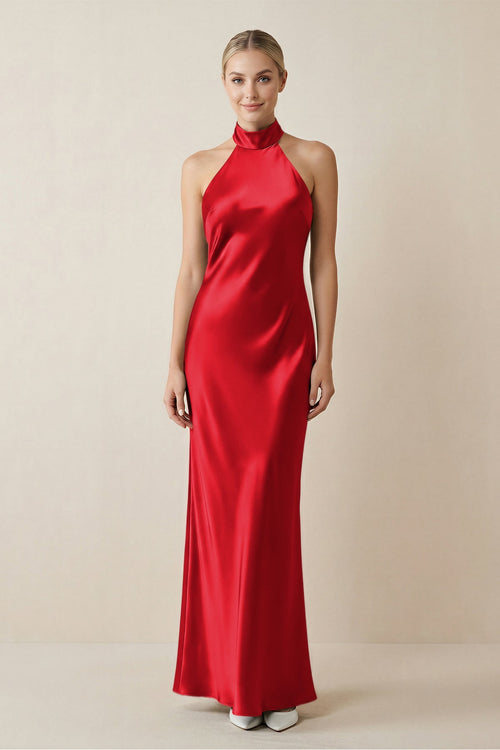 Halter Sheath Satin Bridesmaid Dress in Ruby Red - KISS BRIDAL Bridesmaid Dresses