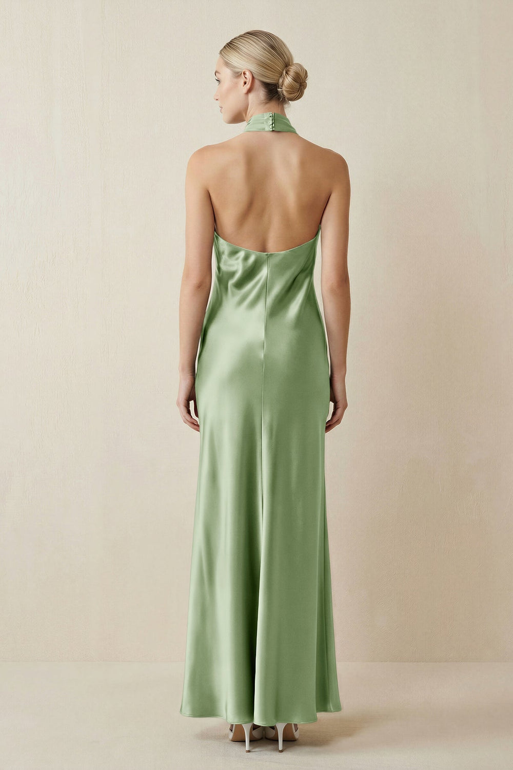 Halter Sheath Satin Bridesmaid Dress in Sage - KISS BRIDAL Bridesmaid Dresses