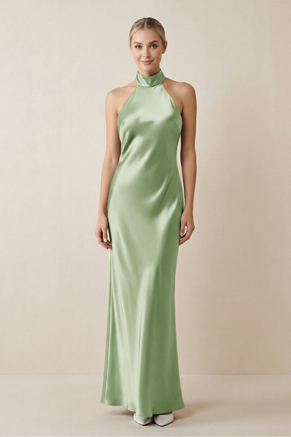 Halter Sheath Satin Bridesmaid Dress in Sage - KISS BRIDAL Bridesmaid Dresses