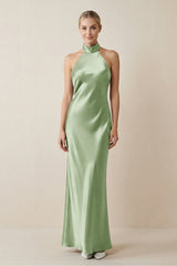 Halter Sheath Satin Bridesmaid Dress in Sage - KISS BRIDAL Bridesmaid Dresses