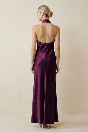 Halter Sheath Satin Bridesmaid Dress in Sangria - KISS BRIDAL Bridesmaid Dresses