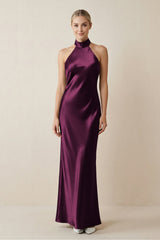 Halter Sheath Satin Bridesmaid Dress in Sangria - KISS BRIDAL Bridesmaid Dresses
