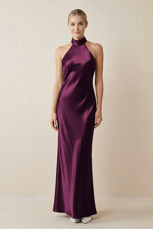 Halter Sheath Satin Bridesmaid Dress in Sangria - KISS BRIDAL Bridesmaid Dresses